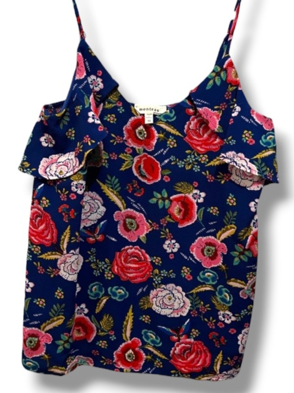 Monteau Women’s Floral Ruffle Detail Sleeveless Top Tank Luau Tropical Summer
